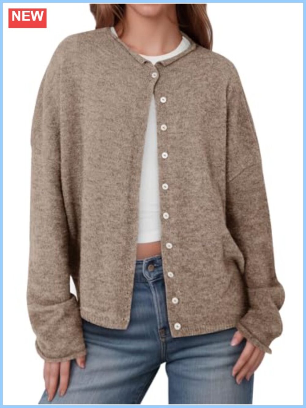 Womens Button Up Long Sleeve Lightweight Knit Cardigan - Open Front Crew Neck
